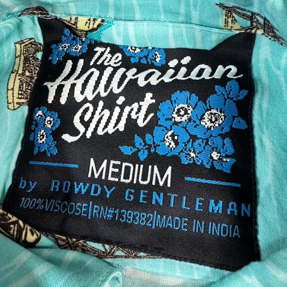 Vintage Rowdy Gentleman Men's Size Medium Teal Blue Hawaiian Button Dress Shirt - Picture 5 of 8